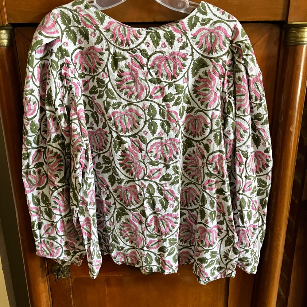 Mille pink green block print lotus floral top Sz XL